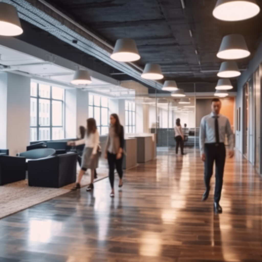 modern office interior with busy business people walking around. generative ai aig18.